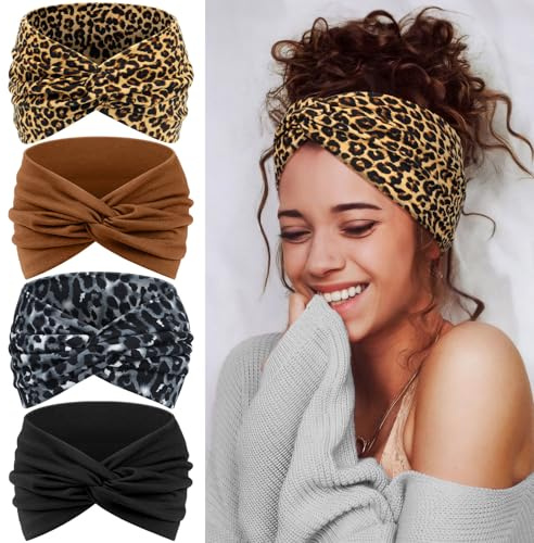 Tumurup Headbands for Women's Hair, Wide Hair bands – 4 Pcs Vintage Turban Elastic Soft Head Wraps Knotted for Yoga & Workout – Summer Cute Fashion Hair Accessories（ Leopard ）