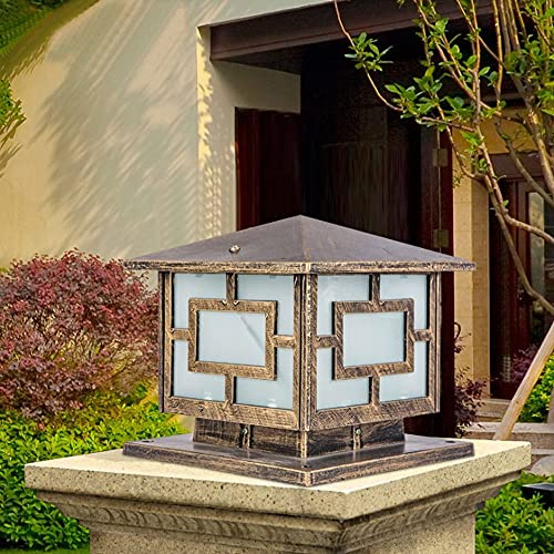 BLOOHK Farola de Exterior Vintage de Bronce, IP54, Resistente al Agua, de Aluminio Fundido a presión, con Vidrio Esmerilado y diseño de celosía China, Base E27, luminaria Cuadrada para iluminación de