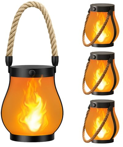 Hompavo Gen2 Solar Lanterns Outdoor with Ultra-Real Flame, Dual Charging (USB/Solar) & 2 Mode - Waterproof Decorative Hanging/Table Lights for Yard Patio Garden Birthday Mothers Day Gifts for Women, 4