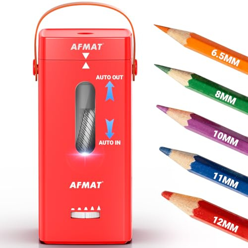 AFMAT Fully Automatic Electric Pencil Sharpener,Hands-Free Electric Sharpener with Handle, 5 Tip Settings, Auto in & Out, Portable for 6.5-12mm Pencils, 7K+ Uses for Teachers, Artists, Office,Red,PSC6