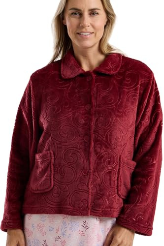 Marlon Women's Lucy Fleece Bed Jacket - Soft Short Robe with Collar, Long Sleeves & Button or Zip Closure - Cosy & Warm Loungewear, Swirl Claret, M
