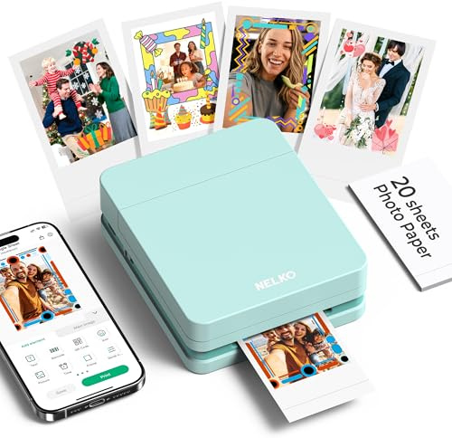 Nelko Fotodrucker PP01 Farbe Tragbarer Mini Fotodrucker für Smartphone mit 20 Fotopapier, Tintenstrahl Aufkleber Drucker, Sticky Back Fotos für iOS & Android, Spaß Bearbeiten App, Grün