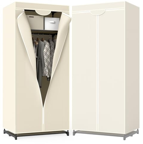 Faltbarer Stoffschrank mit Staubabdeckung, platzsparender Schrank für kleines Zimmer, Kleiderschrank mit Reißverschluss zusammenklappbar für Schlafzimmer, Wohnzimmer, 74x50x172cm (Beige)