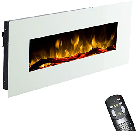 GLOW FIRE Elektrokamin mit Heizung und Kaminfeuer (Wandkamin) - elektrischer Kamin mit LED-Licht, Heizlüfter, Deko & Fernbedienung - zum Aufhängen an der Wand, max. 1500 W - Weiß, 110 cm