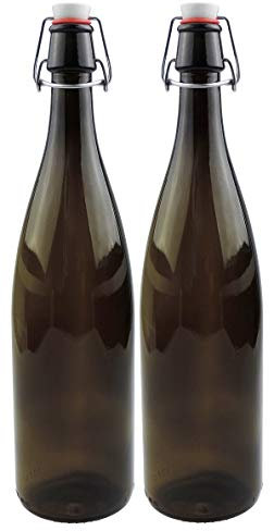 mikken Lot de 2 bouteilles en verre marron 1 l avec bouchon mécanique en porcelaine avec étiquettes