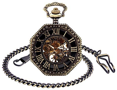 Unendlich U Herren Römische Ziffern Skala Taschenuhr mit Halskette Analog Handaufzug Skelett Unisex Retro Mechanische Kettenuhr