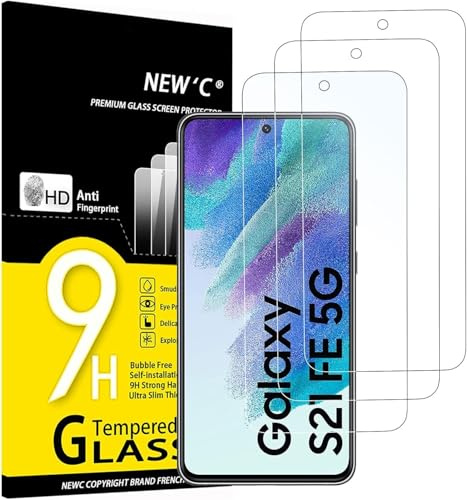 NEW'C Lot de 3, Verre Trempé pour Samsung Galaxy S21 FE 5G, Film Protection écran -sans Bulles d'air -Ultra Résistant (0,33mm HD Ultra Transparent) Dureté 9H Glass