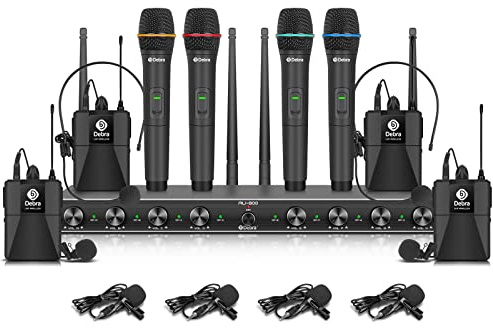 D Debra Audio AU800 Pro UHF Sistema de micrófono inalámbrico de 8 Canales con 4 micrófonos de Mano y 4 micrófonos, Receptor de Metal, Ideal para Karaoke, Iglesia, Fiesta (con 4 de Mano y 4 de Cuerpo)