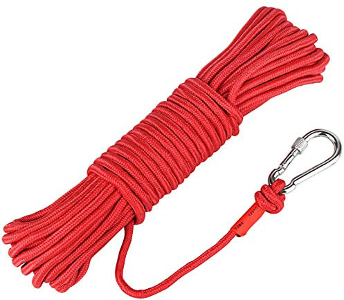 Powmag Corda di salvataggio da pesca con moschettone, corda di nylon ad alta resistenza, sicura, 20 m, cavo multiuso diametro 8 mm, filo intrecciato, campeggio, escursionismo, pesca (corda rossa)