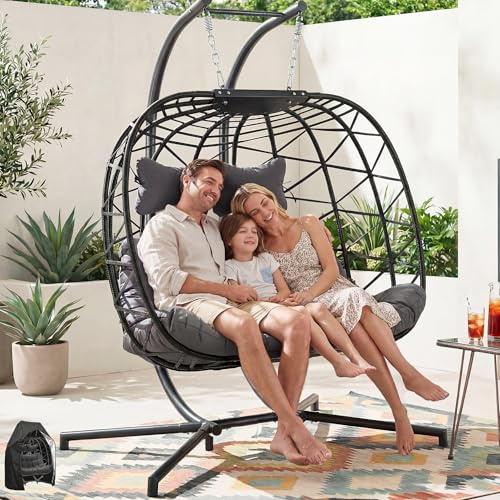 NICESOUL Double Egg Chair Outdoor Indoor, Oversized Swing w/Stand for 2, All-Weather Rattan Hanging Loveseat Cozy, 700 LBS Patio Swinging Seat w/Cushion & Cover for Living Room, Porch, Dark Gray