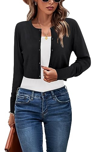 Newshows Cropped Cardigan Sweaters for Women 2026 Crew Neck Button Down Open Front Lightweight Knit Bolero Shrug Sweaters(Black, X-Large)