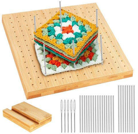 estcoo Sperrbrett für Granny Square, Bambus Blockierbretter und 24 Edelstahl Stabstiften, Tolles Tool um Kleine Strick oder Häkel Teile zu Spannen, Strick- und Häkelprojekte Wooden Blocking Board