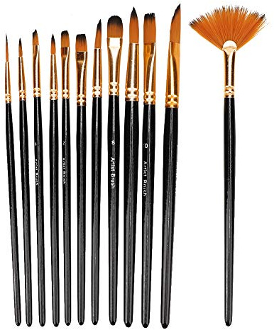 12ST Målarpensel, Nylonhårborstar, Svart Akrylfärgspenselsats, Akvarellpensel, Multifunktionell Konstmålningsset för Alla ändamål Oljevattenfärgmålningskonstnär Professionella Kit