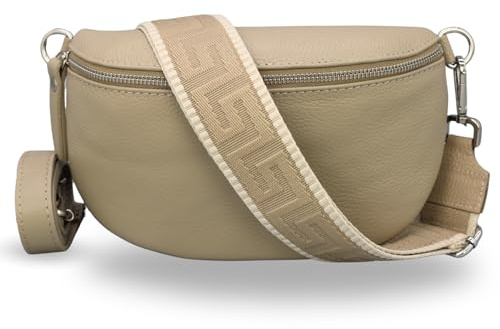 Adel Bags Bauchtasche Damen Echtleder Emma Silber Handgemachte Umhängetasche Crossbody Bag mit Optionalen Breiten Gemusterten Riemen Stylische Hüfttasche Made in Italy (Taupe-Silber 2, Small)