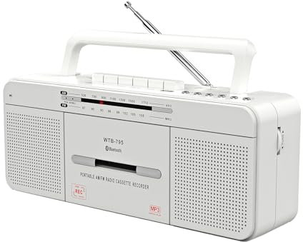 WISCENT Lecteur de Cassettes avec Radio stéréo USB/Bluetooth/AM/FM, enregistreur de Microphone intégré, convertisseur de Cassette vers MP3, Prise pour écouteurs (Blanc)