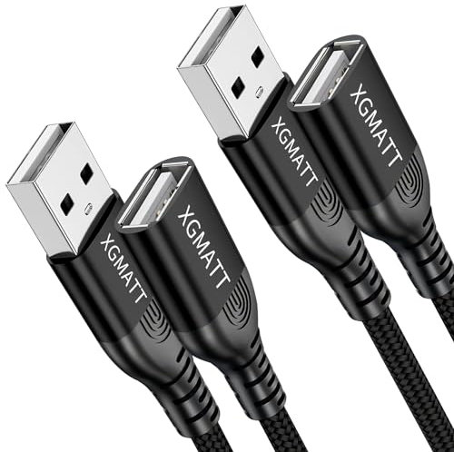 XGMATT USB Verlängerung Kabel 2M 2Stück,USB 2.0 Verlängerungskabel A Stecker auf A Buchse mit eleganten Alluminiumsteckern, Nylon Stoffmantel für Kartenlesegerät,Drucker,PS VR,Tastatur, Kamera,schwarz