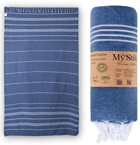 MyStilo Serviette de hammam en 100 % coton recyclé - Durable et naturelle - Serviette de sauna, serviette de plage, serviette de douche, serviette de bain, serviette de yoga - Bleu pétrole - 100 x 200