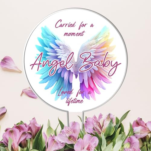 Angel Baby Wings Customisable Acrylic Grave Sign - Personalised Memorial Tribute for Baby Boy or Girl - Available in Blue, Grey, Pink, and Rainbow Colours - Weather-Resistant Grave Marker (Rainbow)