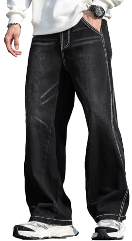 Zewool Jeans Baggy Hip hop pour Hommes,Jeans Skater à Jambe Large,Y2K Streetwear Pantalons en Denim décontractés Skateboard Coupe Droite relaxée extrême liberté de Mouvement,A10 Noir,XS