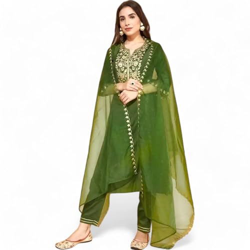 RangMahal - Set di pantaloni kurta indiani fatti a mano, in puro cotone, ricamati, da donna, Verde, Small