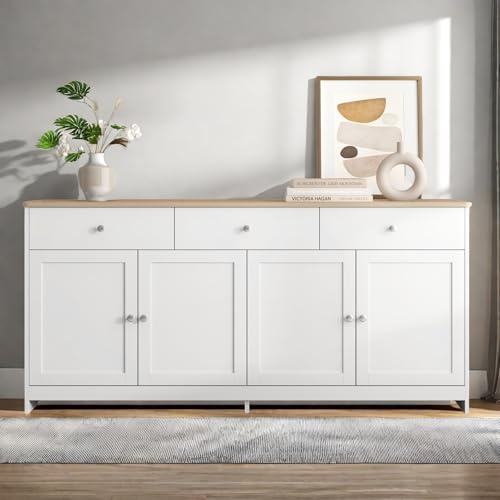 LKPOMI Credenza Cucina 160 cm Madia Soggiorno Moderna con 3 Cassetti e 4 Ante, Buffet Mobile con Ripiani Regolabili e Rimovibili per Cucina, Soggiorno, Ingresso, 160 x 37 x 75 cm, Bianco e Legno