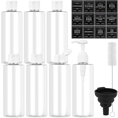 Maxumille 7 Pezzi Vuoto Flaconi da Viaggio 250ml con Tappo Flip Top, Teste di Pompa a Spinta, Contenitori da Viaggio per Liquidi Trasparente, Bottiglie Plastica Riutilizzabile per Shampoo (Bianco)