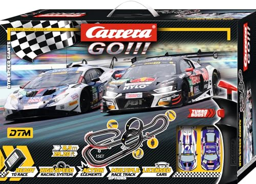 Carrera GO!!! 20062596UK DTM Speed Giants1:43 Scale I 8.9 Metres, With Audi R8 LMS GT3 evo II DTM ABT Feller 7 & Lamborghini Huracán GT3 EVO2 Engstler 19, Suitable from 6 Years+, UK Plug Version