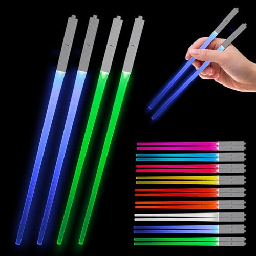 2 Pairs Lightsaber Chopsticks, 9 Color LED Light Up Chopsticks, Resuable Sushi Lightup Sabers Chopstick, BPA Free and Dishwasher Safe for Kitchen, Dinner Party, Sushi Cutlery