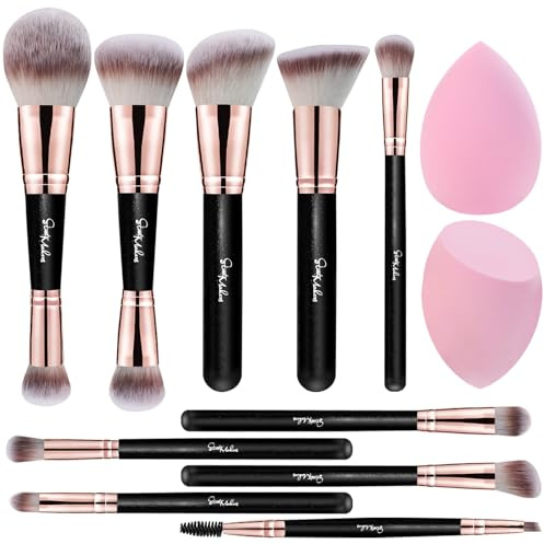 Start Makers 12 Pcs Makeup Brushes Set Premium Double Sided Makeup Brush Foundation Powder Blush Concealers Eyeshadows Brush with 2 Pcs Makeup Sponges Cruelty Free Cosmetic Tools