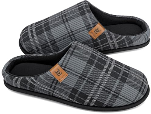 VeraCosy Men's Cozy Slip-on Slippers Corduroy Memory Foam Indoor House Shoes Whale Gray Check,11-12 US