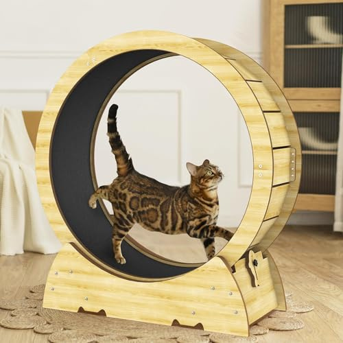 Cat Exercise Wheel for Indoor Cats, Cat Treadmill Wheel 43.5 with Detachable Carpeted Runway, Natural Solid Wood Sturdy Running Wheel for Running/Walking/Training, Suitable for Most Cats