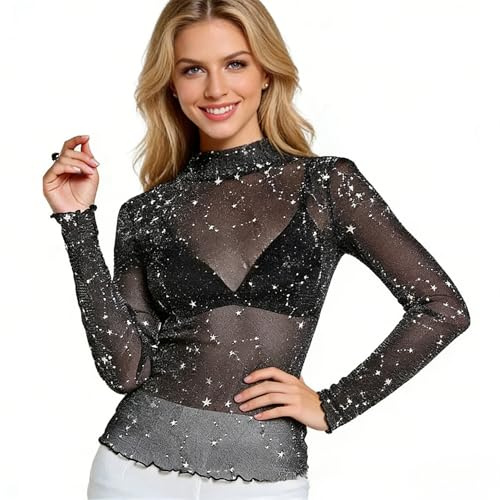 Top in maglia glitterata donna, Top trasparente con stelle, Blusa sexy a maniche lunghe per lavoro, quotidiano, festa, Top in maglia nera