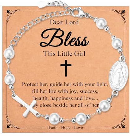 Christening Gifts for Girls, Confirmation Baptism First Communion Gifts | Catholic Virgin Mary Cross Pearl Bracelet for Daughter Niece Granddaughter Teenage Girls