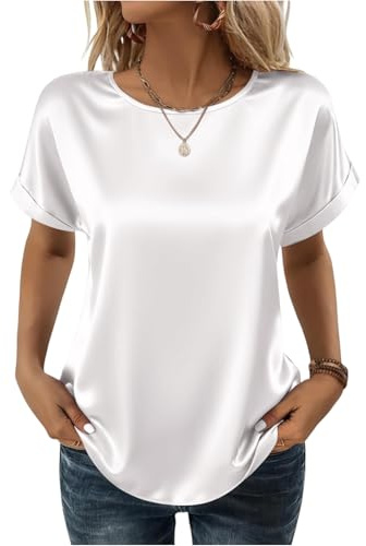 Blusa da donna in satin, elegante, girocollo, t-shirt a maniche corte, morbida, in seta, leggera, top festivo, estivo, casual, per donna, top satinato lucido, tinta unita, moda, camicetta, 01-bianco