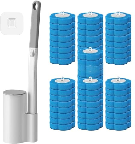 Disposable Toilet Brush with No-Touch System, Toilet Cleaning Wand Kit Includes 56 Refill Heads & Wall Mount Holder, Built-in Detergent, Hygienic Bathroom Cleaning Tool for Toilet Sink Shower
