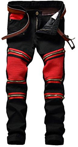 Enrica Men's Black Zipper Ripped Straight Slim Moto Biker Jeans (32, Black&Red)
