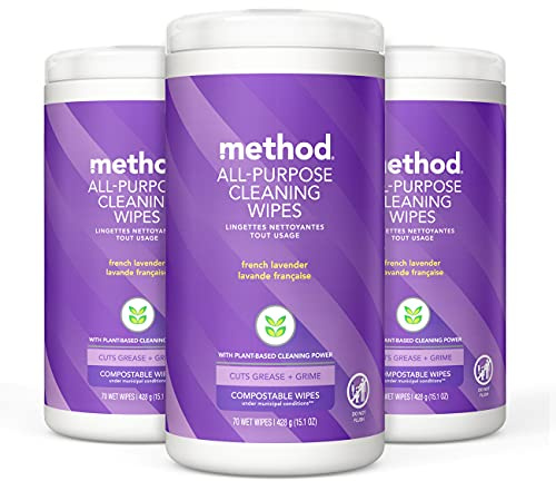 Method All-Purpose Cleaning Wipes, French Lavender, Multi-Surface, Compostable, 70 Count, (Pack of 3)