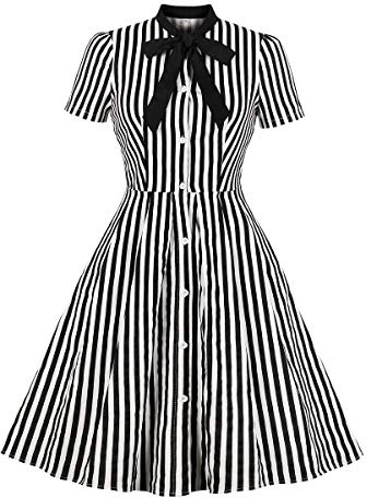 Wellwits Robe de chemise vintage à rayures avec col et poche à boutons - Noir - 40-42
