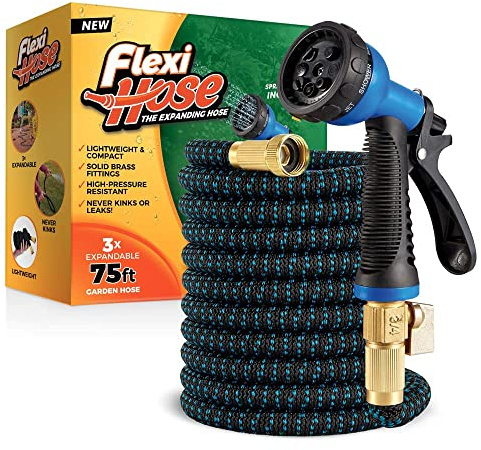Flexi Hose Upgraded - Manguera para jardín mejorada y expansible - Longitud extra - Con conectores de 2 cm de latón - Flexible y antirroturas - Boquilla con 8 funciones - Azul/negro - 23 metros