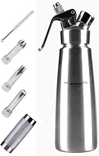 Sifone Professionale per Panna Montata in Acciaio Inox 304 0,5L con 3 Ugelli Decorativi (N20 Non Incluso)