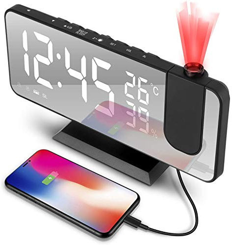 Réveil numérique LED, projecteur numérique, réveil Tendance, Miroir réglable, réveil avec Double Alarme, 4 écrans de luminosité réglables, 8 Grands écrans, câble USB, Rotation à 180°, Radio FM