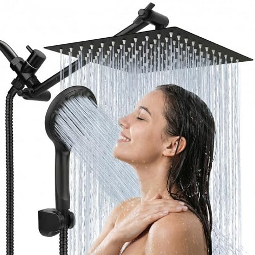 Tudoccy Shower Head, 8‘’ High Pressure Rainfall Shower Head/Handheld Shower Combo with 11'' Extension Arm, 9 Settings Anti-leak Shower Head with Holder, Height/Angle Adjustable, Matte Black