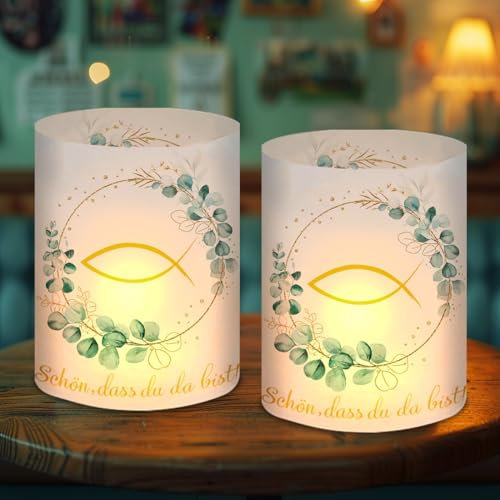 Sprinlot 12 Stück Windlicht Taufe Tischdeko, Teelicht Kommunion, Windlichter Fisch, Lantern Taufdeko für Konfirmation Junge Mädchen Gastgeschenk