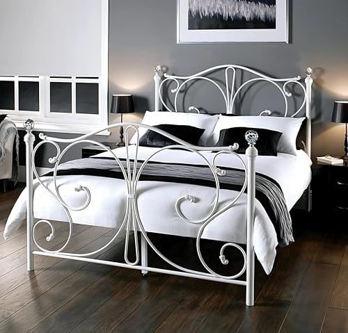 eFurniture - Luxury Solid Metal Bed with Crystal Finials - 4ft6 Double - Underbed Storage - Easy Assembly - Sturdy - Black or White (White)