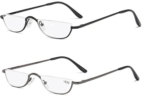 KoKoBin 2 Paires Lunettes de Vue Lecture Demi Lune ，Lunette Pour Lire Mince Demi-Monture en métal, Printemps Charnières Lunette Femme et Homme (noir, gris)+2.5