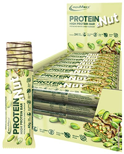 IronMaxx Protein and Nut Protein Bar, Pistachio White Choc 24 x 45g, High Protein bar with Real Pistachios, Protein bar Gluten-Free, Without Added Sugar and Palm Oil-Free