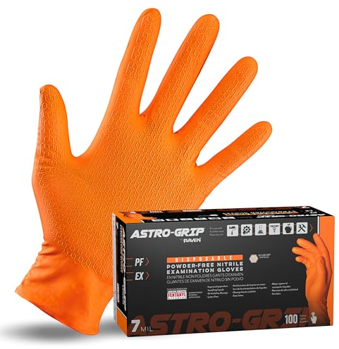 Astro-Grip Powder-Free Exam Grade Nitrile Disposable Gloves. Size Large, Orange, 7 mil Thickness. Chemical and Puncture Resistant. Single-Use. Pack of 100. (66473)