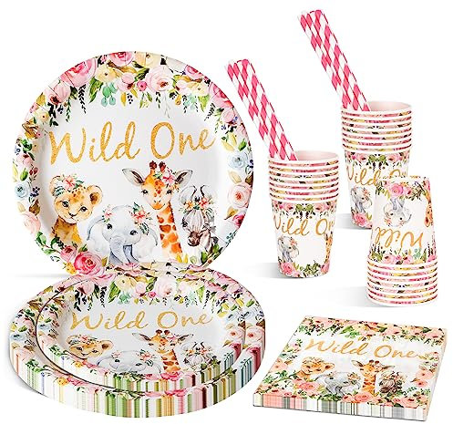 Partygeschirr Kindergeburtstag, 120 Stück für 24 Gäste Rosa 1. Jahrestag Pappteller Kindergeburtstag Mädchen Party Set mit Bunt Pappteller,Pappbecher, Servietten und Strohhalme