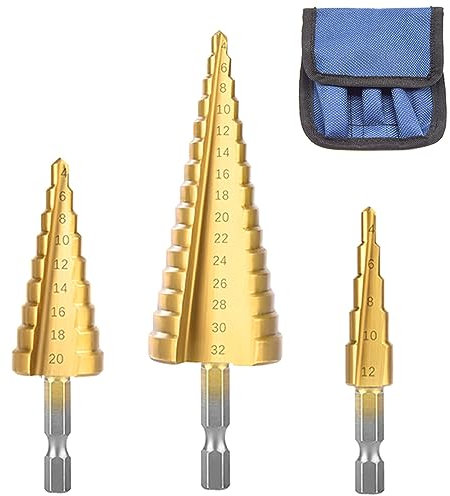 Hocansen 3 Teiliges stufenbohrer HSS Bohrer Spiralnut Stufenbohrer Metall Sechskant Verjüngung Konusbohrer mit Skala für Holz Kunststoff Stanz (4-12mm/20mm/32mm/JT-ZT)