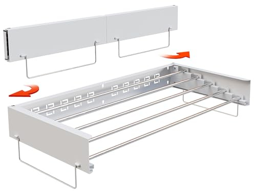 SKIKEN Étendoir Mural caché pour Linge, Gain de Place, Porte-Serviettes Pliable, 5 tiges en Acier Inoxydable, Organiseur de séchage pour vêtements, Suspension Robuste (Blanc, Taille M)